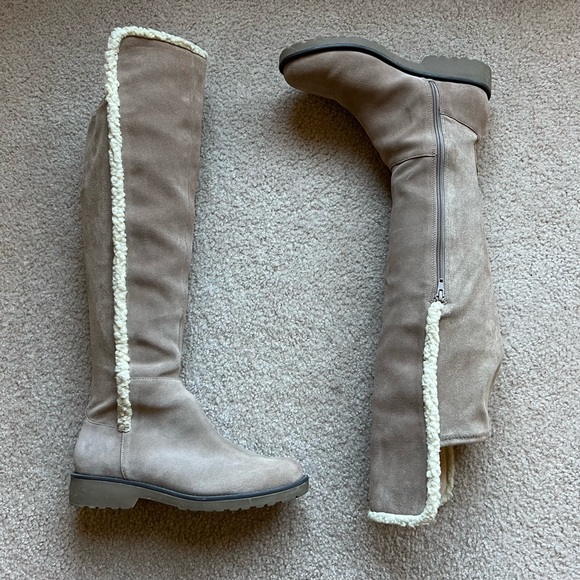Sole Society “Juno” Over the Knee Boot Suede w Faux Shearling Trim - Taupe - Picture 4 of 10